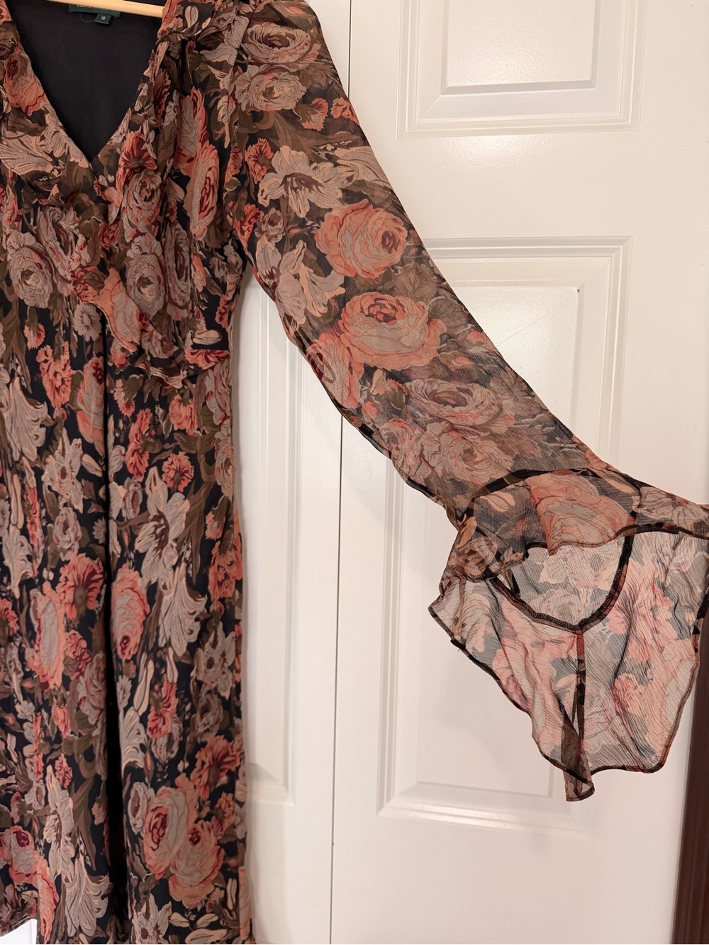 Ralph Loren vintage inspired floral chiffon midi dress ruffle long sleeve v-neck